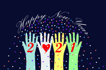 Fototapeta na wymiar Happy New Year 2021 postcard background vector illustration image art with abstract concepts of friendship, love, diversity, unity, victory, and celebration