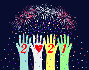 Fototapeta na wymiar Happy New Year 2021 postcard background vector illustration image art with abstract concepts of friendship, love, diversity, unity, victory, and celebration