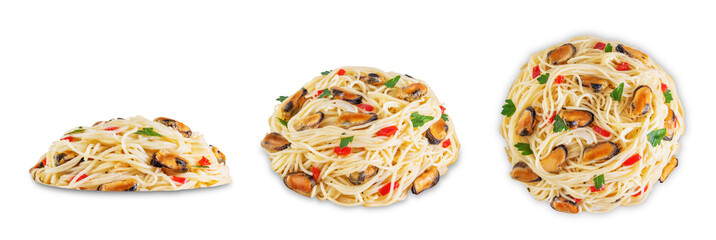 Mussel pasta with pepper and parsley on a white isolated background