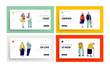 Young, Adult and Senior Couples Landing Page Template Set. People of Different Ages. Youth and Elderly Ages Generations