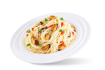 Mussel pasta with pepper and parsley on a white isolated background