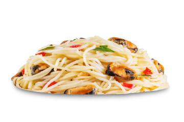 Mussel pasta with pepper and parsley on a white isolated background