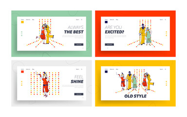 Naklejka na ściany i meble Couples Retro Dancing in Night Club Landing Page Template Set. Elegant Characters Active Lifestyle, Men and Women Dance