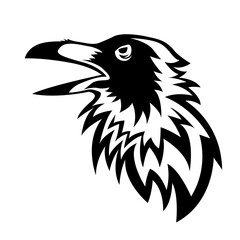 Black crow head emblem with open beak in tattoo style on white background
