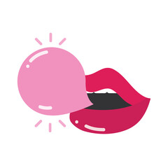 pop art mouth and lips, sexy mouth with bubble gum flat icon design