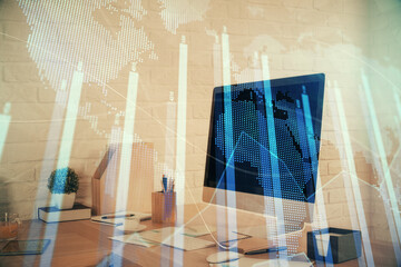 Double exposure of stock market graph drawing and office interior background. Concept of financial analysis.