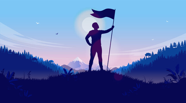 Personal achievement - Man holding flag on hilltop celebrating reaching his goal. Victory, winning and conquer adversity concept. Vector illustration.