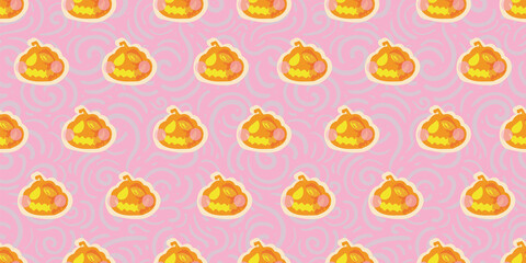 Vector cute kawaii halloween pumpkin seamless pattern. Hand drawn textured pink design. Food, packaging, surface design. Modern brush design. Perfect for your creepy girly party.