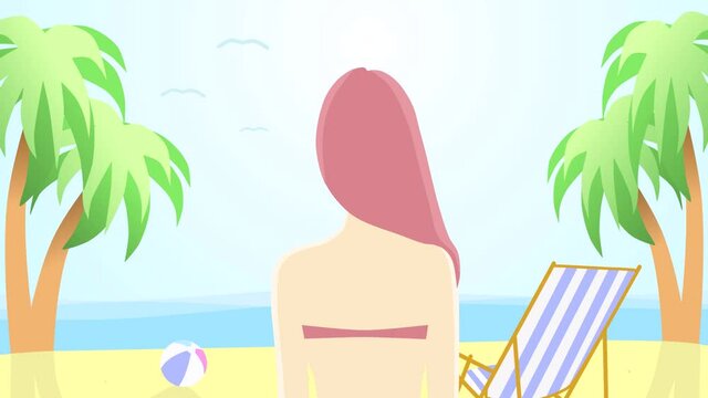 2d loop animation of a girl on the beach back view on a tropical island with blank space for text, summer vacation concept. Copy space