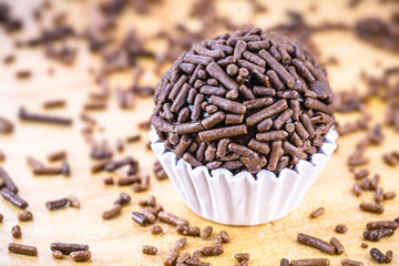 brazilian candy made with chocolate and granulated amor edor. Called brigadeiro or negrinho, with punctual focus