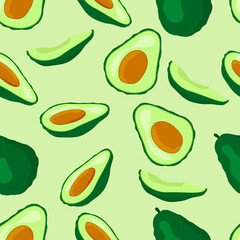 Seamless pattern of whole and sliced avocados on a salad background.Can be used for textiles Wallpaper wrapping paper.Vector illustration.