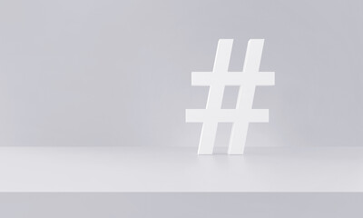 Obraz premium Hashtag symbol white and clear in photography studio background. Trending topics, trends. 3d rendering.
