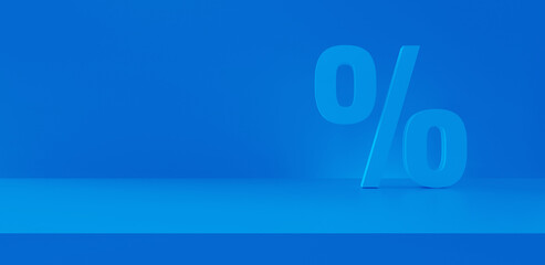 Percent discount in panoramic blue background. 3d rendering.
