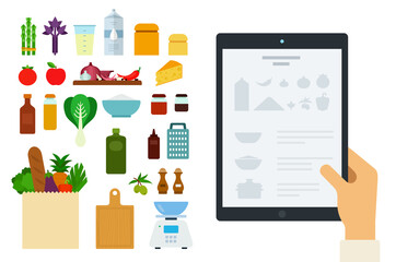 Vector image of a tablet with an online recipe and ingredients illustration in a flat design.