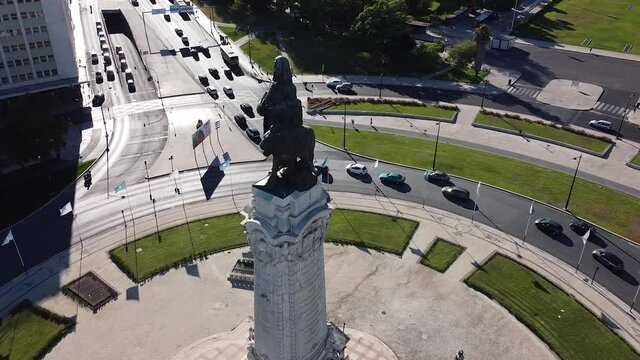 Aerial view shot of the city center of Lisbon, Portugal. sunny day Lisbon city marquess of Pombal square aerial park panorama, Portugal, Europe
