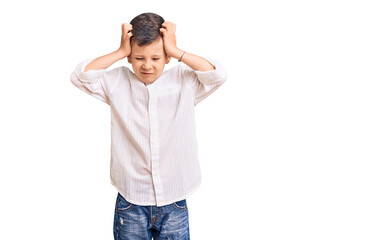 Cute blond kid wearing elegant shirt suffering from headache desperate and stressed because pain and migraine. hands on head.