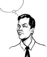 Businessman thinking. Ink black and white drawing