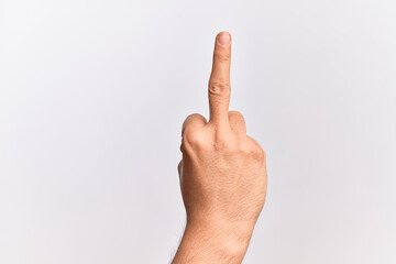 Hand of caucasian young man showing fingers over isolated white background showing provocative and rude gesture doing fuck you symbol with middle finger