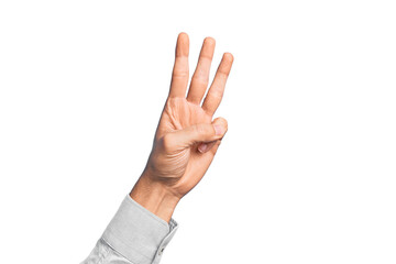 Hand of caucasian young man showing fingers over isolated white background counting number 3 showing three fingers