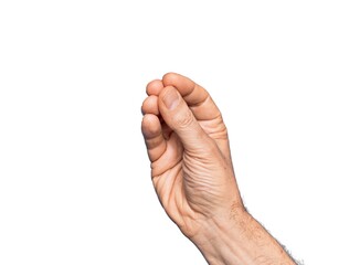 Hand of caucasian middle age man over isolated white background doing Italian gesture with fingers...