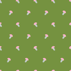 Cute green childrens pattern with pink mushrooms with dots. Beautiful background