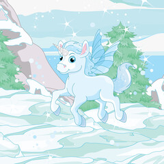 Winter landscape with Pretty Fairytale Blue Unicorn