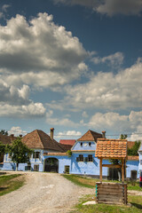 Fototapeta na wymiar houses painted in blue in Roadeș, Brașov Romania 2019