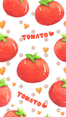Pattern red cute tomato cartoon wallpaper. Hand painted watercolor illustration. Funny vegetable cartoon character. Seamless pattern. Mobile phone wallpaper. Decoration, texture, print and pattern.