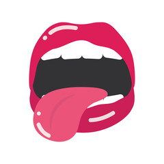 pop art mouth and lips, cartoon glossy lips tongue out, flat icon design