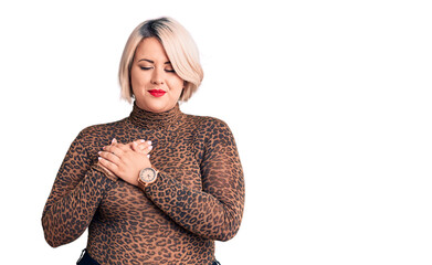 Young blonde plus size woman wearing casual leopard t-shirt smiling with hands on chest with closed...