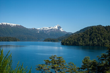 Naklejka na ściany i meble Patagonian lake surrounded by pine forests and snowy mountains in the background