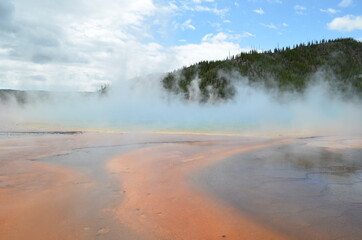 Late Spring in Yellowstone National Park: Steamy Grand Prismatic Spring and Streamers in the Excelsior Group of Midway Geyser Basin