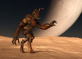 Insectoid Alien Explores an Asteroid