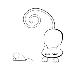 A stylized cat in front of the jump and the mouse. A black-and-white outline image on a white isolated background. Vector illustration