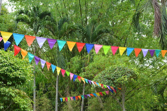 Colorful triangle banderitas hanging at the trees
