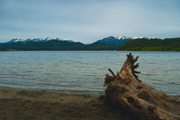 LAKE SURROUNDED BY MOUNTAINS SEEN FROM A BEACH AND WITH A TREE TRUNK IN THE FOREGROUND