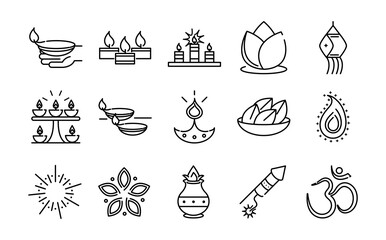 happy diwali india festival, deepavali religion event line style icons collection vector