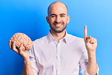 Young handsome bald man holding brain smiling with an idea or question pointing finger with happy...