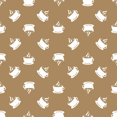 Coffee cup on brown random seamless repeat pattern background