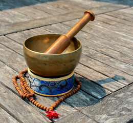 Brass Tibetan Singing Bowl with striker, stand and mala beads