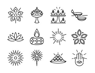 happy diwali india festival, deepavali religion line style icons set