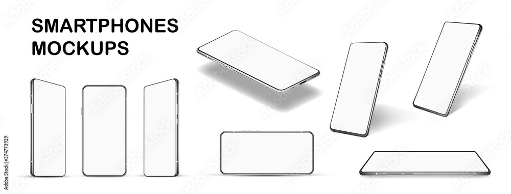 Poster detailed and beautiful collection smartphone white blank screen at different angles. mockup set isol