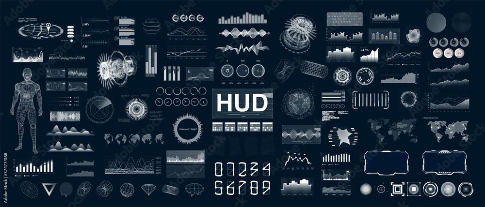 Poster Large and detailed HUD, UI, GUI set elements for VR and web design. Futuristic User Interface Collection (HUD circle, graphic, 3d body model, world map, infographic and charts) Sci-fi elements. Vector