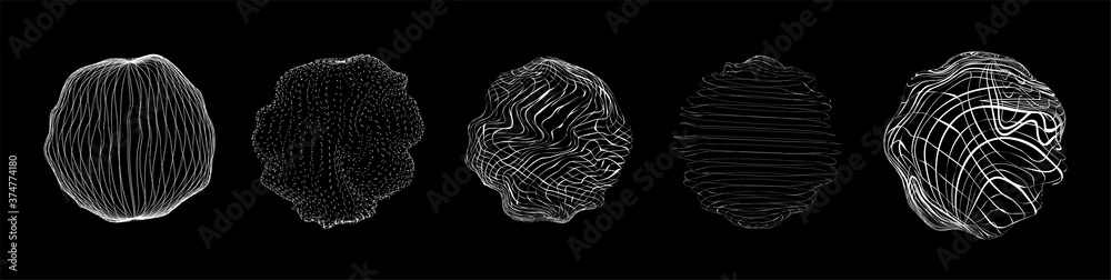 Poster Retrofuturism set of fluid geometric shapes. Circles and spheres of particles and wavy lines with the effect of liquid, glitch, destruction. Abstract Sci, Sky-fi, technology elements. Vector 
