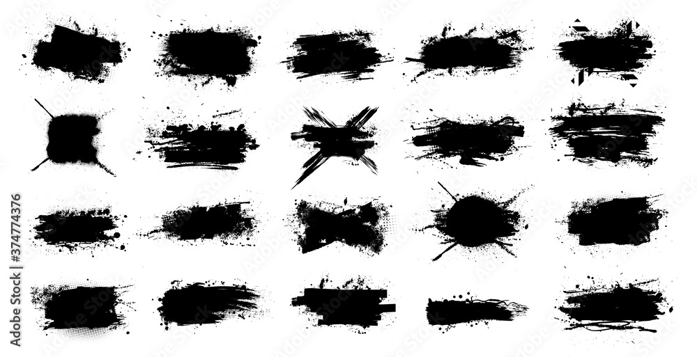 Poster creative ink splashes stencil with splashes, blots, ink strokes and street dirt. spots of black ink 