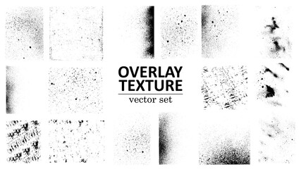 Overlay texture set. Different types of texture stamps (damaged, paint, old, concrete and other). Vector collection urban grunge overlay. Paint texture with spray effect and drop ink splashes. Vector - obrazy, fototapety, plakaty