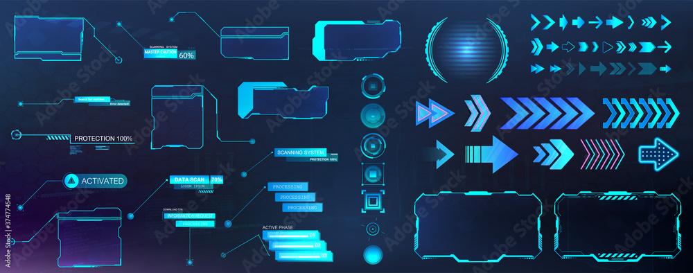 Poster gui, hud, ui futuristic elements set. callouts, buttons, futuristic bar labels, information call box