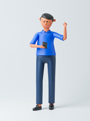 Cartoon character woman with smartphone. 3d rendering
