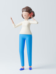 Cartoon character woman with smartphone. 3d rendering