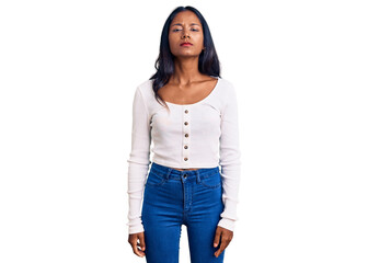Obraz premium Young indian girl wearing casual clothes skeptic and nervous, frowning upset because of problem. negative person.